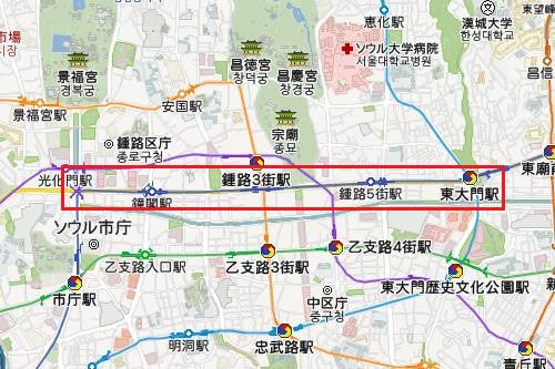 今回バス専用レーンが設けられる区間(赤字) ＝コネスト韓国地図