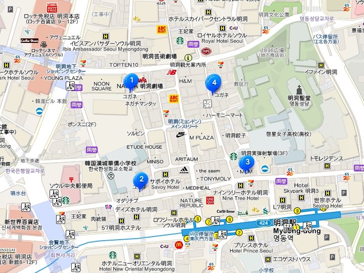 明洞(ミョンドン)で４店舗営業中(2019年２月時点／コネスト韓国地図)