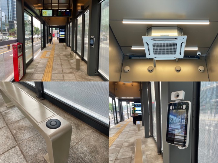 (左上から時計回りに)開閉式の停留所、冷暖房完備、検温モニター、ワイヤレス充電