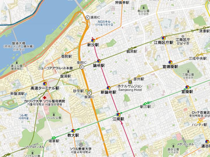 新盆唐線の延伸区間(江南駅～新沙駅) ※コネスト韓国地図