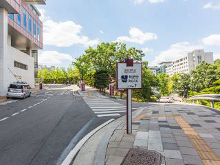 三つ又では左右どちらを進んでも可。グランドが見えてきたら左側に体育館があります