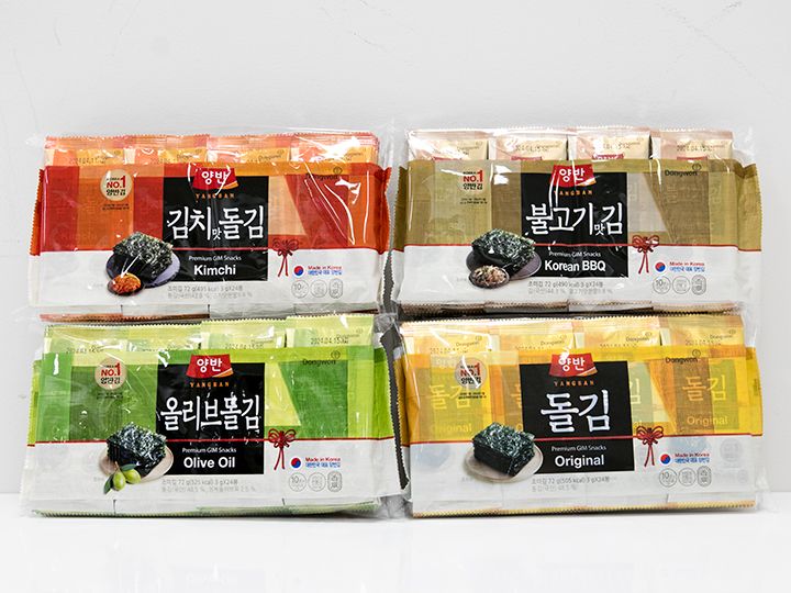 種類:岩海苔(プルコギ味は在来海苔)
使用油:キャノーラ油
内容量:3g×24袋
値段:12,490ウォン