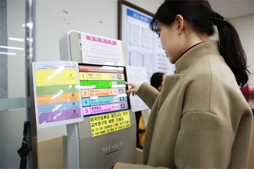 2.待機番号札を発行
手続きにより窓口が異なります。「資格外活動許可」は1番 「체류(在留)」のボタンをタッチ。外国人登録証の手続きをしたときと同じ1番!