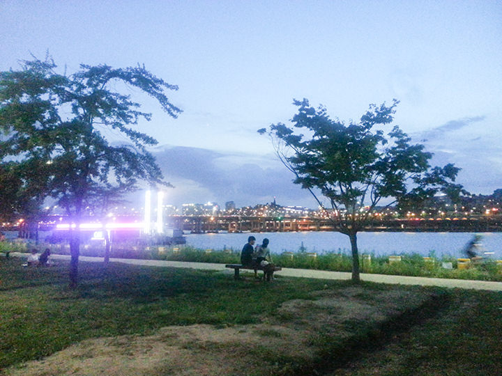 大好きな漢江(ハンガン)公園。ここでするチメッは本当に格別♪漢江公園は地区別に何ヵ所かあるので、景色も様々で行き比べをしても面白いです。昼でも夜でも楽しめるスポット!
(写真はカロスキルからも近い蚕院(チャムウォン)地区)