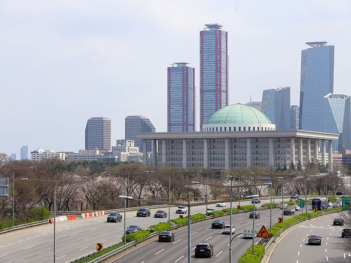 汝矣島のビル群(奥)と国会議事堂(手前)