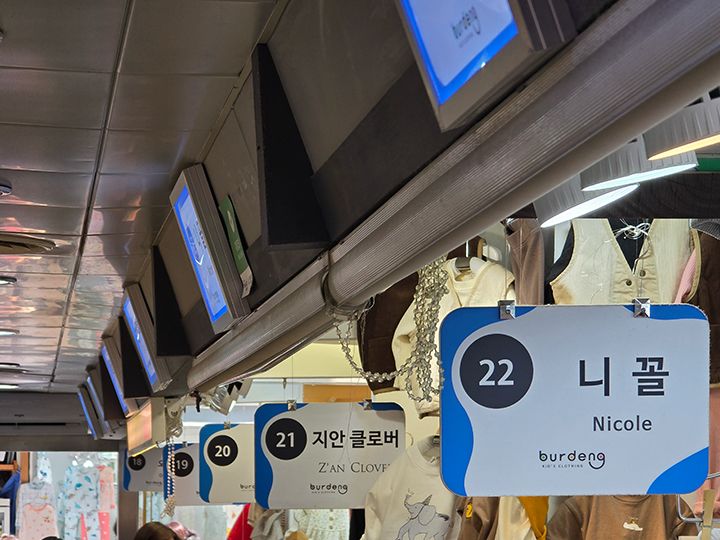 頭上に並ぶ店名の店番号が書かれた看板