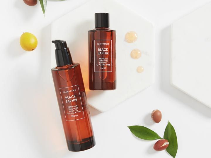 SCENTENCE「ブラック サファイア プロポリス ティンクチャー ヘアオイル」(50ml) 19ドル / (100ml) 29ドル