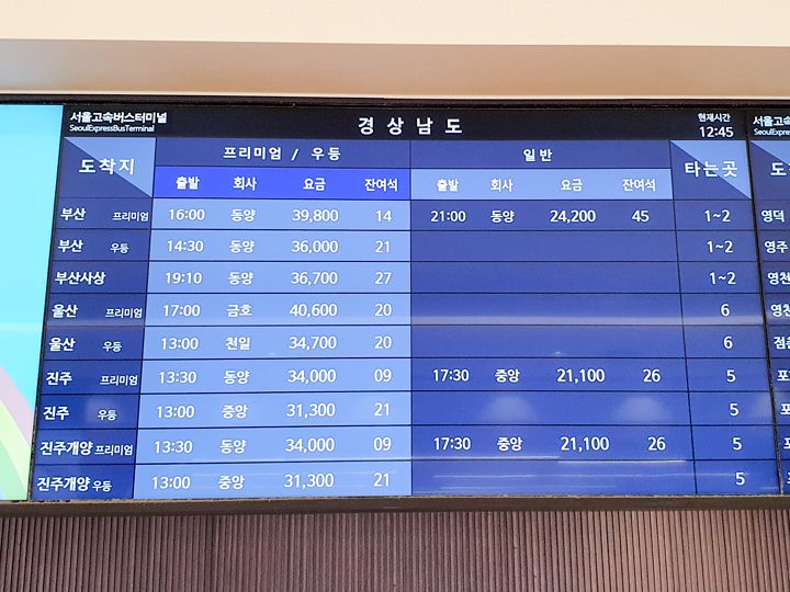 窓口の頭上にはバス情報の表示あり(韓国語)