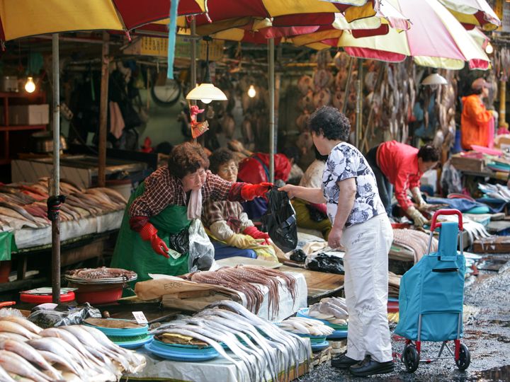 チャガルチ市場で威勢がいいのはアジメたち