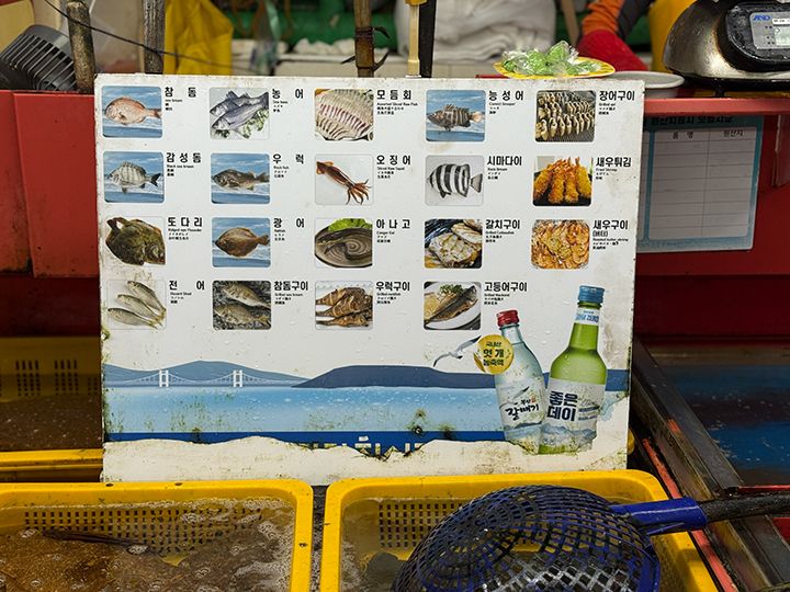 写真と日本語を含む4か国語で、魚の種類を表示している店舗も