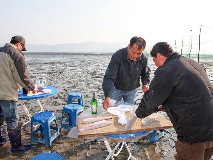 トラクターからテーブルや
椅子を下ろし、朝食の準備