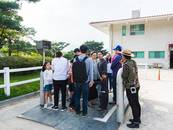 「馬病院」前に設置された巨大な馬専用体重計。競走馬は1頭平均500kg
