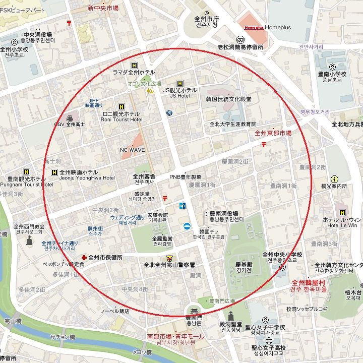 かつて「全州邑城」があったと推定されるエリア(コネスト韓国地図)